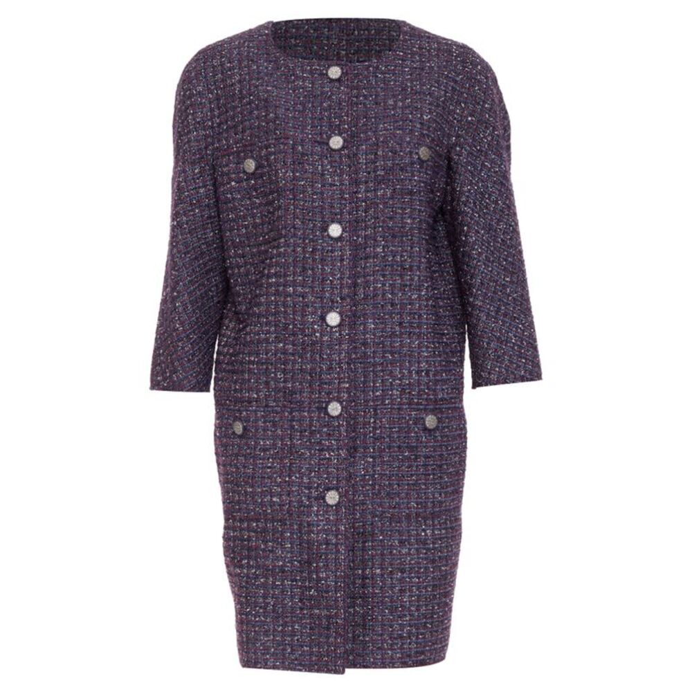 CHANEL 2014 purple metallic CC button four pocket collarless tweed coat FR44